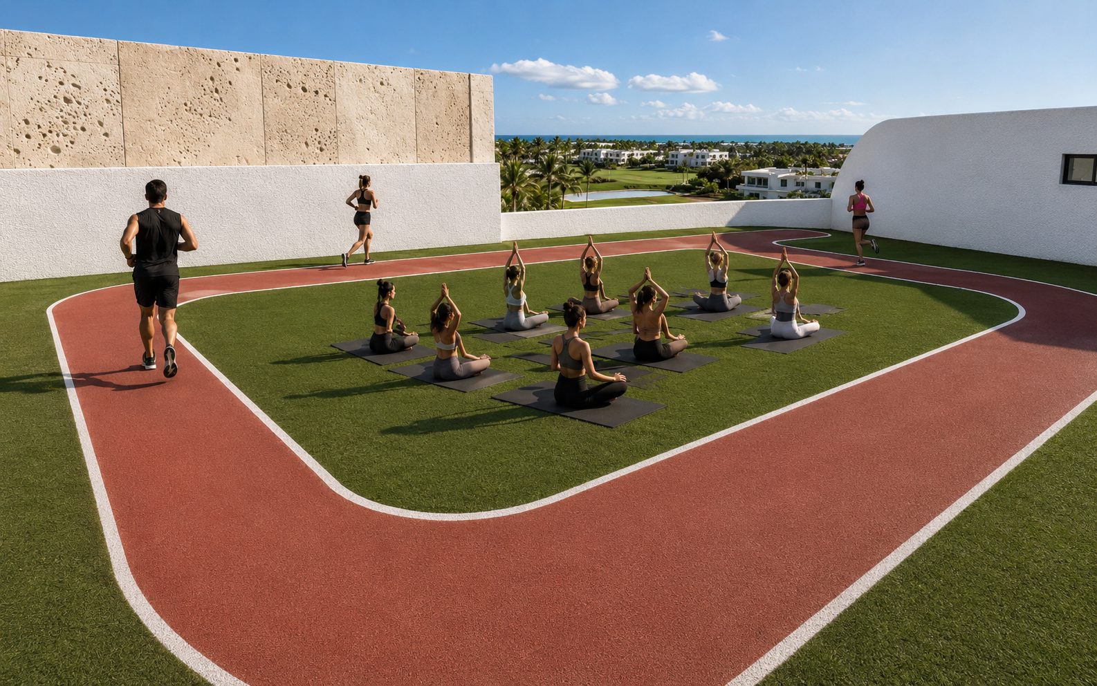 Rendering of the rooftop running and yoga track at Belara in Cap Cana, a five-level building of 59 residences with delivery planned for Q4 2029.