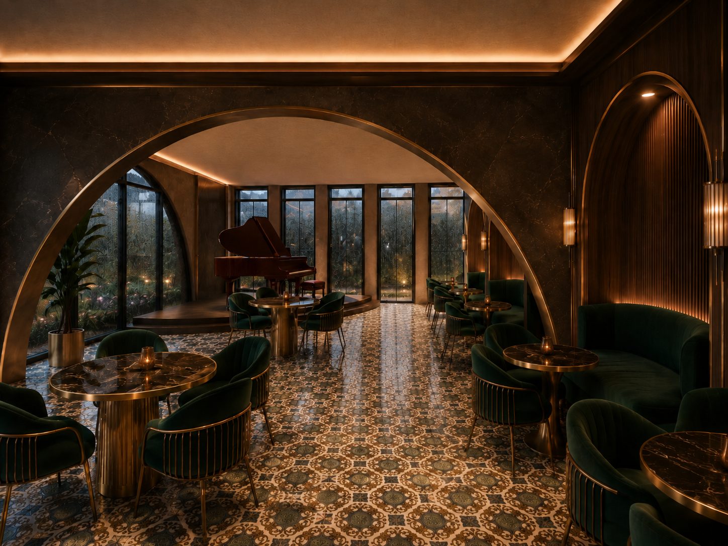Recreación del lounge con piano bar de Belara en Cap Cana, en el primero de sus cinco niveles, donde también están el coworking y las salas de reuniones.