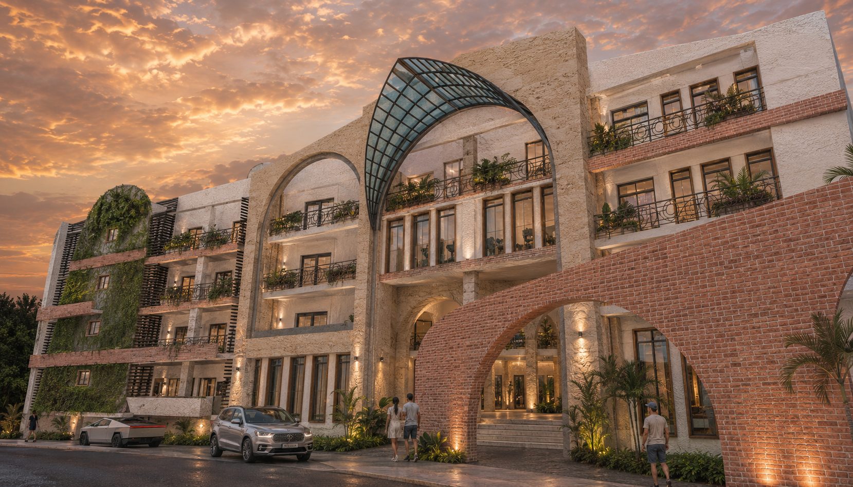 Rendering of Belara's Belle Époque façade at dusk in Cap Cana, a five-level building of 59 residences that is planned for delivery in Q4 2029.