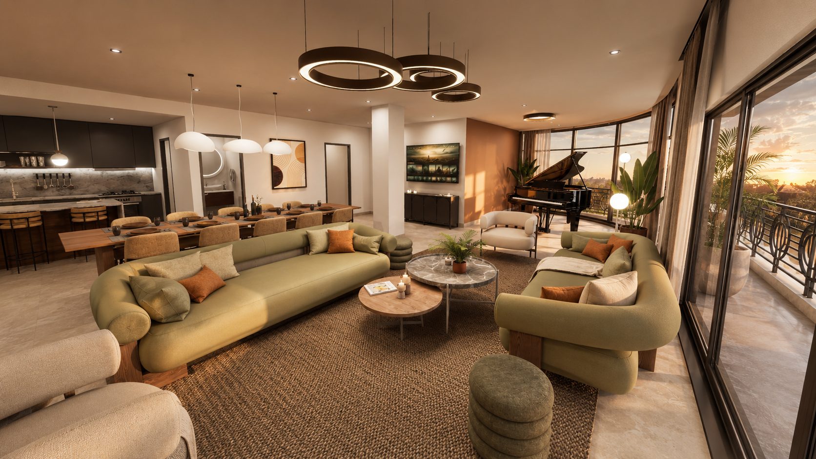 Rendering of the living room of a three-bedroom penthouse at Belara in Cap Cana, one of 3 penthouses in a building of 59 residences.