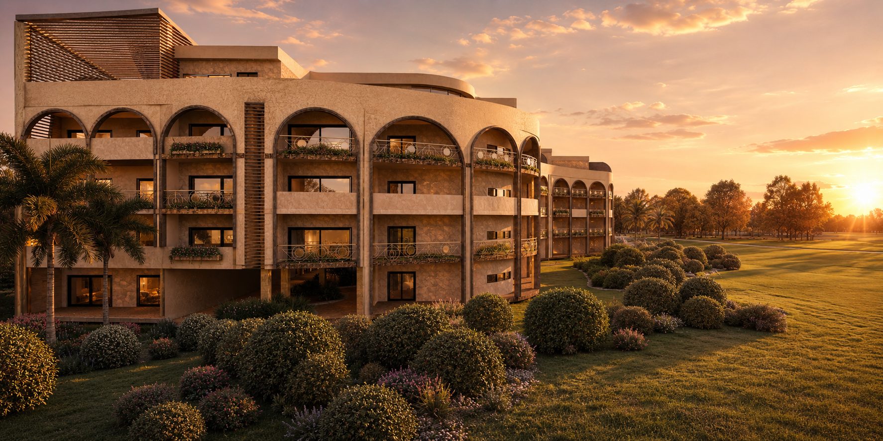 Belara Condos seen across the central park lawn at sunset