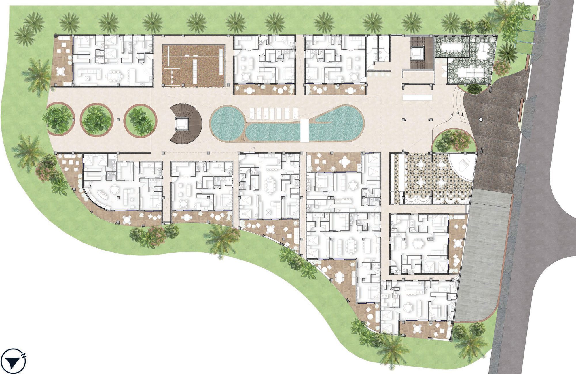Site plan rendering of Belara in Green Village, Cap Cana, showing the 59-residence building and its direct access to the central park.