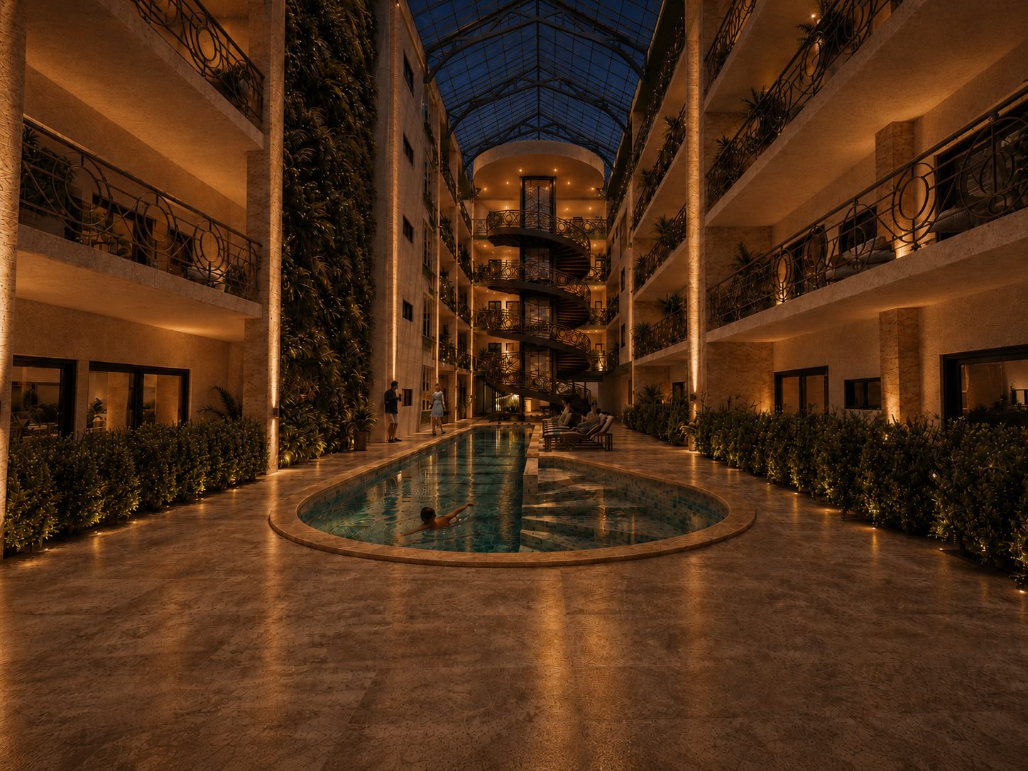 Recreación de la terraza de la piscina y los jardines del atrio central de Belara, en Cap Cana, un edificio de 59 residencias en cinco niveles.